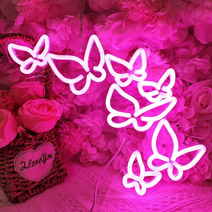 SYLHOME Pink Butterfly Led Neon Light Sign Girls Bedroom Kids Room Beauty Studio Living Room Wedding Birthday Christmas Party Light Up Sign 16.5" X 8.9" USB