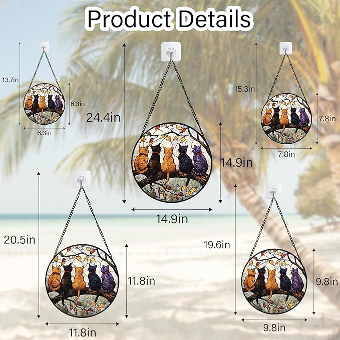 Stained Glass Window Hanging - 5 Cats on a Branch Suncatcher for Window Doors Home Decoration and Christmas, Mother's Day Father's Day Birthday Gifts for Women, Men, and Mom 14.9x14.9 in