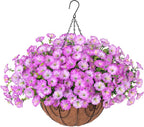 Artificial Faux Hanging Plants Flowers Basket for Outdoor Outside Spring Summer Decoration, Silk Purple Morning Glory in Planter UV Resistant Look Real Fake Flowers for Porch Patio Balcony Home Yard