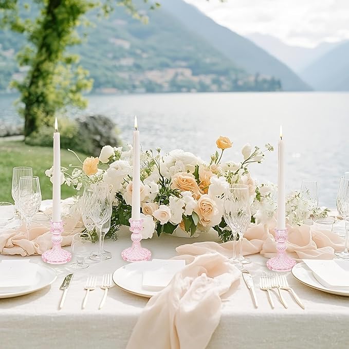 Glass Candlestick Holder,Striped Taper Candle Holders,Set of 6 Candle Stand for Table Centerpieces, Home Decor,Weddings,Festival and Parties (Pink Dimond)