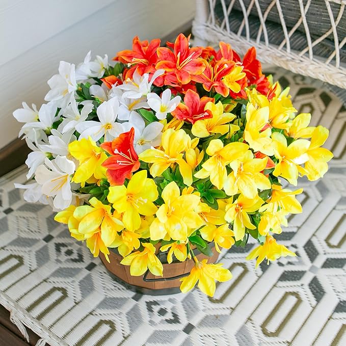 Artificial Fall Flowers for Outdoors, 3 Bundles Faux Azalea Bouquet Silk Flower for Outside UV Resistant Realistic Fake Outdoor Flowers for Planter Porch Patio Garden Walkways Home Fall Decor, Mix