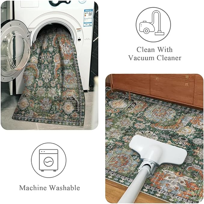 RUGSURE Washable Area Rugs - Perfect for Living Room, Bedroom, Kids Room, Nursery - Stain & Water Resistant Non-Slip, Pet & Child Friendly, Vintage Tribal Area Rugs (Green, 5' x 7')