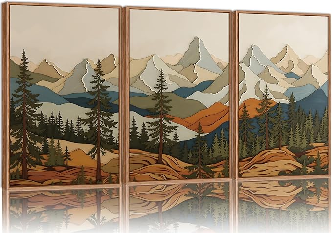 SIGNINART Vintage Mountains Framed Canvas Wall Art, Wooden Forest Wall Decor, Green Wood Pine Trees Wilderness Artwork, Metal Ridge Landscape Art Paintings for Living Room Bedroom Office 16"x24"x3