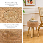 Handwoven Outdoor Ottoman, Water Hyacinth Pouf Round Patio Footstool with Wood Legs, 17-Inch Multipurpose Vanity Stool, Dining Chair, Patio Footrest for Balcony and Garden, Natural