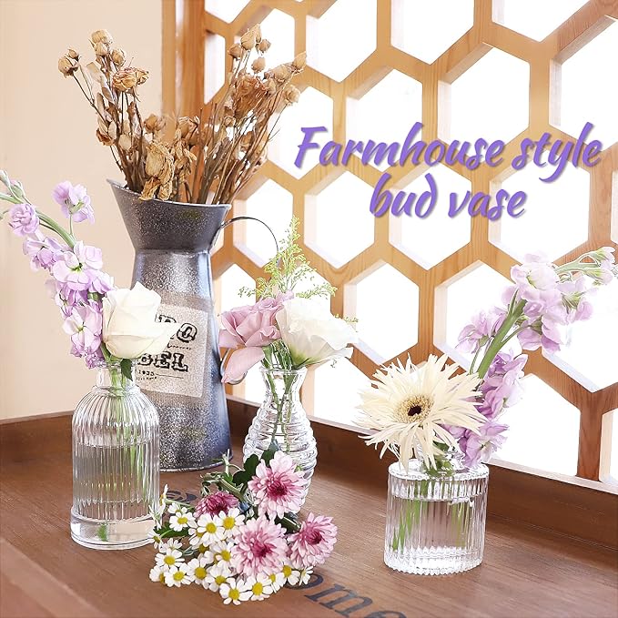 Bud Vases Set of 12, Glass Vase for Decor Centerpieces, Small Vases for Flowers, Clear Flower Vase Stripe Modern Bud Vases in Bulk, Vintage Vases for Floral Wedding Party Table Decoration Home Decor