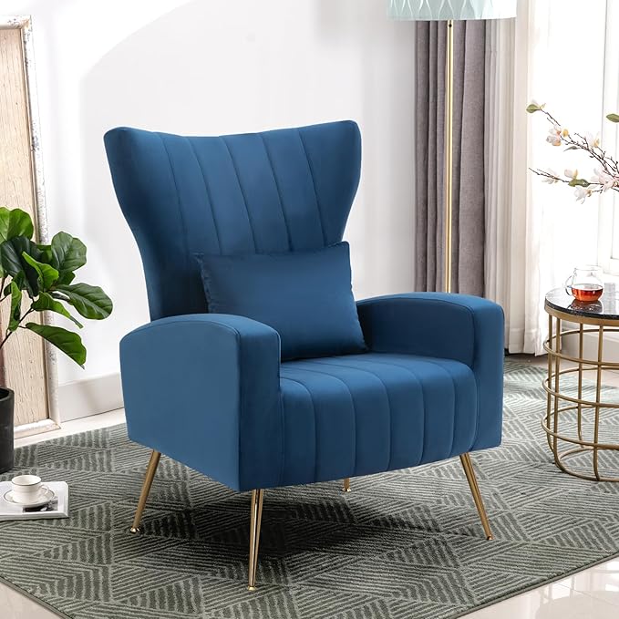 X-VOLSPORT Velvet Accent Chair, Mid Century Modern Wing Back Living Room Chair with Waist Pillow, Upholstered Arm Chair with Metal Gold Legs for Bedroom, Club, Dark Blue