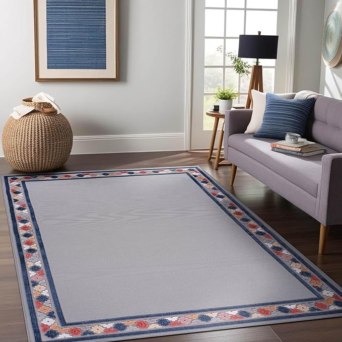 Beverly Rug Outdoor Rug 9x12 Modern Bordered Large Area Rugs for Indoor and Outdoor Patio Easy to Clean Non Shedding Living Room Porch Garden Washable Outside Carpet (9 x 12 Gray)