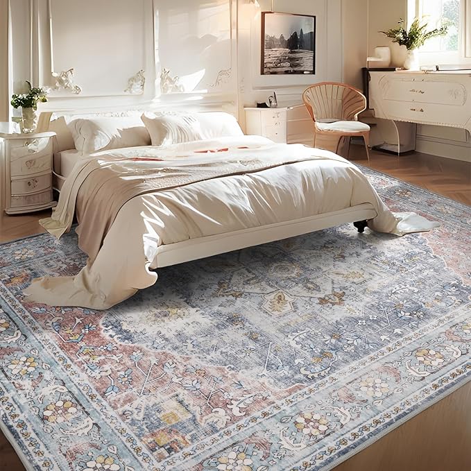 Pink Slate Blue Washable 5x7 Area Rugs for Living Room Rug Bedroom Rug-Carpet Vintage Traditional Dining Room Rugs Office Soft Comfortable Non Slip