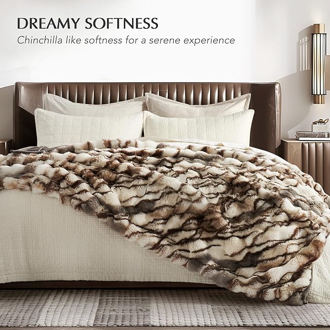 EVERGRACE Ultra Soft Luxury Fluffy Ridgeline Faux Rabbit Fur Throw Blanket, Thick Warm Bubble Throw for Bed, Cozy Plush Reversible Blankets for Couch, Chair, Sofa, Beige & Gray, 60x80 Inches, 870 GSM