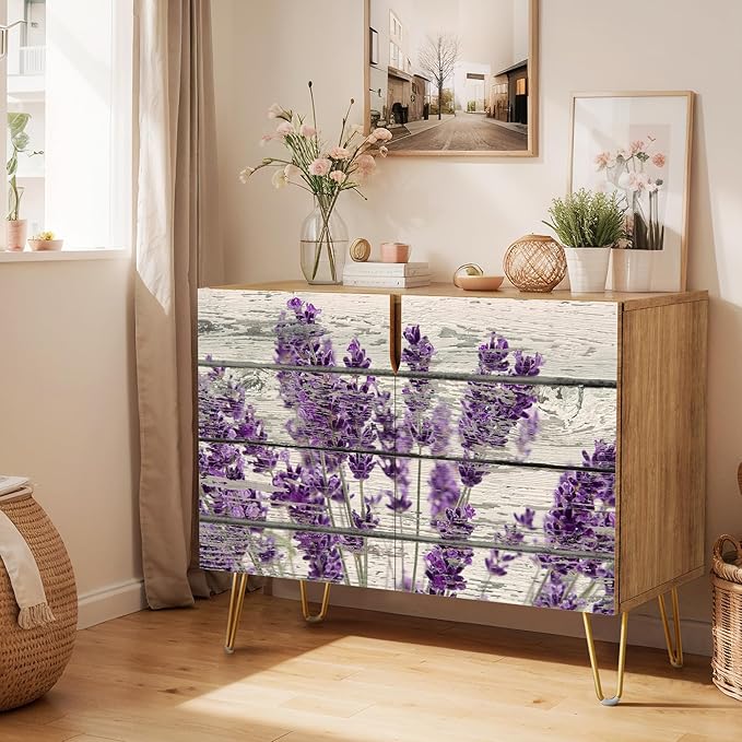 SIGNWIN Sideboard Buffet Cabinet, Kitchen Storage Cabinet with 2 Doors, Wood Panel Lavender Flowers, Cupboard Console Table for Dining Room - 35" L x 18" W x 29" H