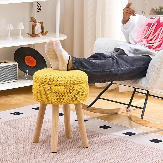Wimarsbon Pouf Ottoman, 100% Cotton Knitted Boho Footstool, Round Footrest with Non-Skid Wood Legs, Home Décor Handmade Pouffe, Leisure Floor Step Stool for Living Room (High Storage Yellow)