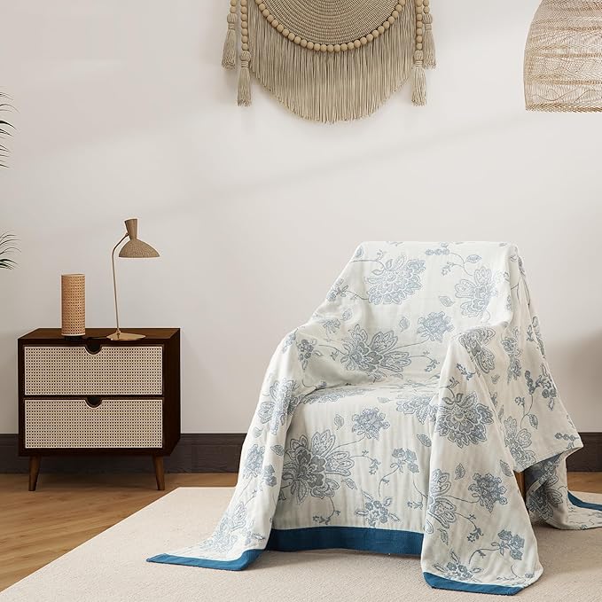 Boho Throw Blanket Full Size, Extra Large Soft Cozy Cotton Muslin Quilt Blanket for Bed Decor, Floral Patterned Couch Sofa Chair Cover, Vintage Farmhouse Cottage Woven Blanket, Blue&White
