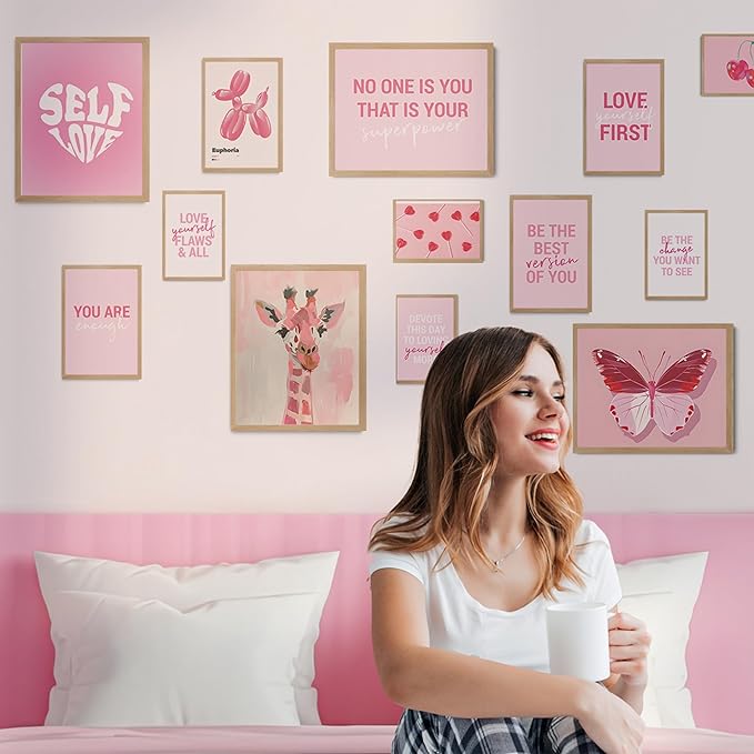 Fardes Preppy Room Decor, Pinky Pictures for Teen Girls Bedroom Decor, Inspirational Cute and Preppy Gifts, Motivational Pink Wall Decor for Bedroom