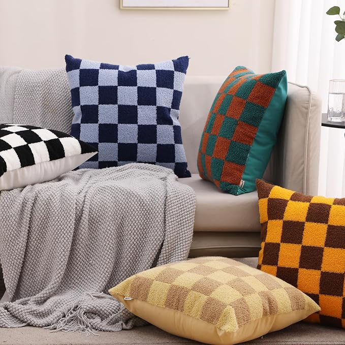 Alysheer Checkered Embroidered Decorative Throw Pillow Covers 18"x 18" Set of 2, Farmhouse Cottage Teal Brown Plaid Tufted Patterned Cotton Canvas Cushion Case for Sofa Couch Bed Living Room