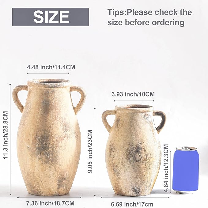 Ceramic Vase with Handles, 9.05 inch Tall Terracotta Decorative Pottery Flower Vase for Home Farmhouse Decor, Dining Table, Living Room, Kitchen, Office