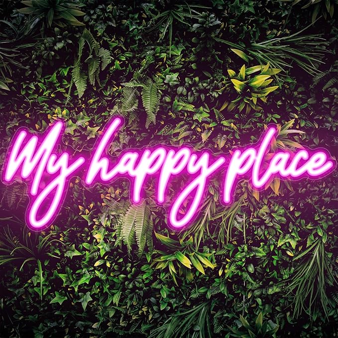 Kavaas My Happy Place Neon Signs 16.9" x 5.9", Pink LED Light Up Signs for Wall Decor | My Happy Place Sign for Girls Bedroom, Bar, Office, Dorms