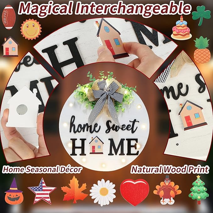 Interchangeable Welcome Sign for Front Door with 14 Changeable Icons, Farmhouse Front Porch Decor Rustic Wooden Wall Sign with 12 LED Lights, Outdoor Seasonal Welcome Home Decorations (White1)