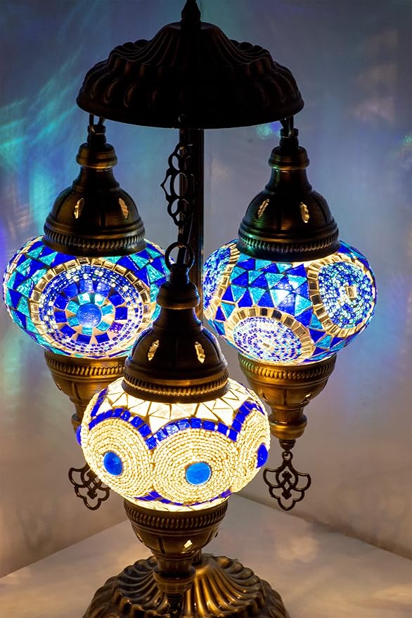 Mozaist Turkish Mosaic Lamp with Bulb – 3 Light Moroccan Table Lamp (Blue & White)