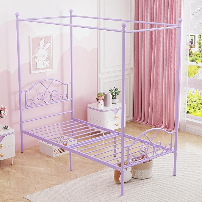 Weehom Princess Canopy Bed Frame with 4 Posters, Sturdy Metal Platform with Headboard&Footboard No Box Spring Needed Twin Size Bed for Kids Girls Adults,Purple