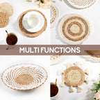 7 Pack Boho Wall Basket Decor - Seagrass Rattan Wicker Wall Decor Round Handmade Hanging Rustic Flat Elegant Wall Art for Farmhouse Living Rooms Bedrooms Display Table Settings Kitchen Home