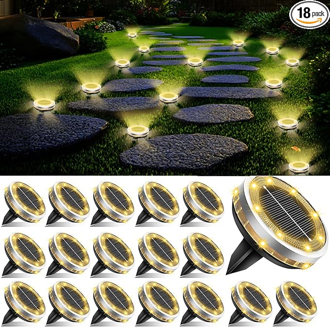 Solar Ground Lights Outdoor 18 Pack Waterproof, Upgraded Solar Garden Lights with 4 Side Light, Stainless Steel Solar Powered Disc Landscape Light for Walkway Lawn Yard Patio Deck-Warm White
