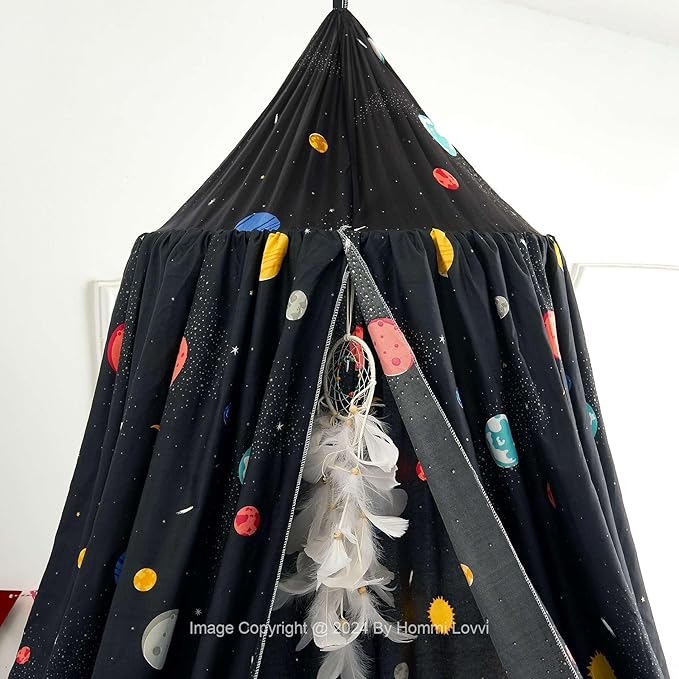 Space Planets Print Kids Bed Canopy, Girls Princess Canopy Dreamy Room Decor, Soft Hanging Reading Nook Play Tent Canopy, Extra Large Full Size Bed Canopy with String Light