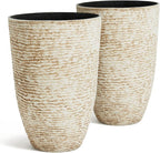Worth 9 Gallon Tall Round Planters Set of 2-14" Dia x 21" H Stone Finish Flower Pots Indoor Decorative Container Garden Patio Unbreakable Beige
