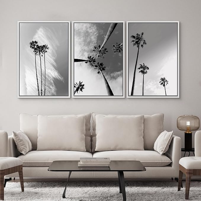 SIGNWIN 3 Piece Framed Canvas Wall Art Black and White Palm Tree Canvas Prints Home Artwork Decoration for Living Room,Bedroom - 16"x24"x3 White