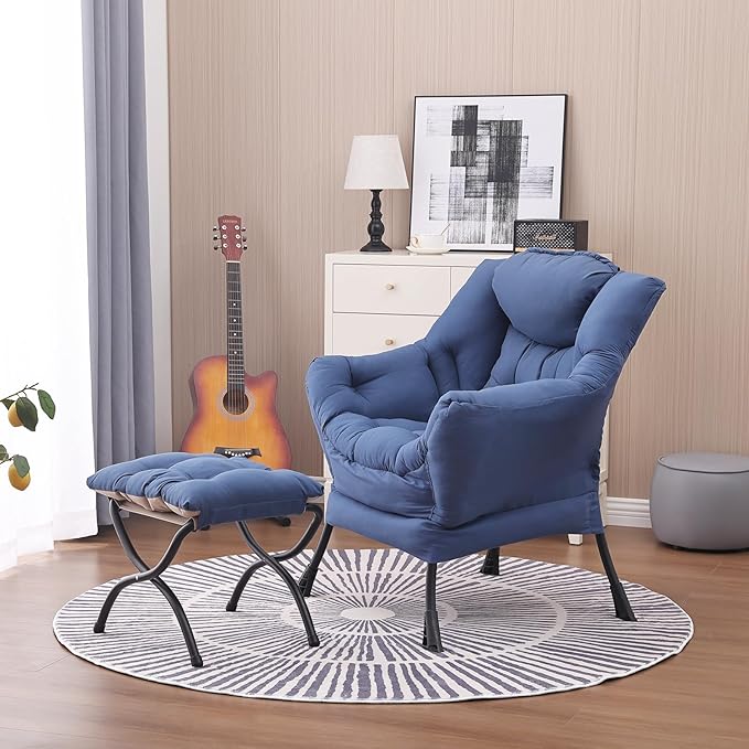 Lazy Chair and Ottoman, Large Accent Lounge Chair with Armrests and a Side Pocket, Modern Leisure Upholstered Sofa Reading Armchair with Footrest for Bedroom, Living Room, Dorm Rooms, Office