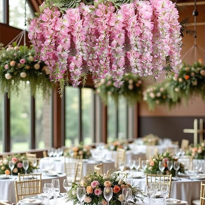 4PCS Pink Artificial Wisteria Hanging Flowers 40'' Tall Lush Fake Wisteria Flowers for Floor Vases Silk Flowers for Wedding Arch Ceremony Window Box Home Garden Backdrop Decoration (Pink)