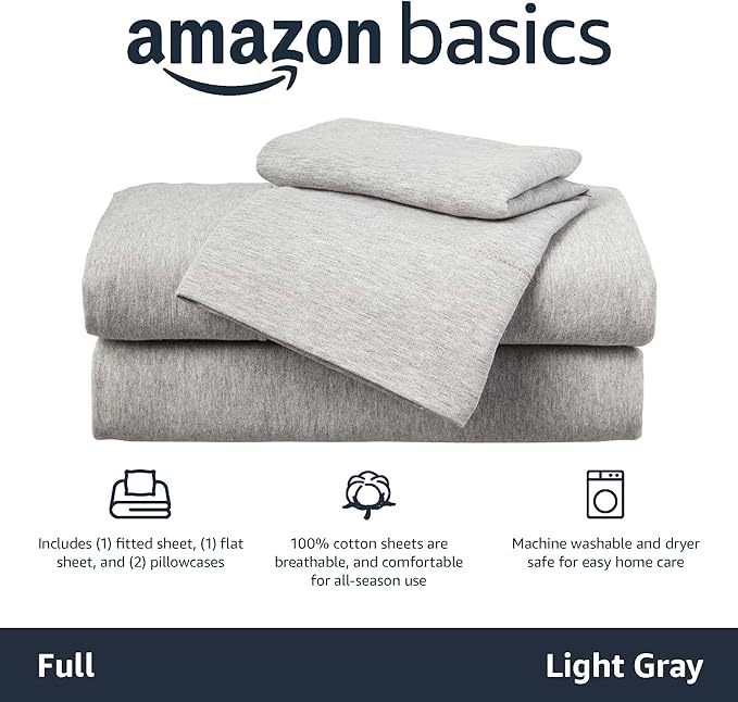 Amazon Basics 4 Piece Bed Sheet Set, 100% Cotton Jersey, Includes Super Soft, Flat and Fitted Sheets, Pillowcase, Full, Light Gray, Solid