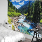 Nature Forest Mountain Tapestry Green Pine Tree Stream Tapestry White Clouds Flowing River Valley Landscape Scenery Tapestries Wall Hanging for Bedroom Dorm Living Room Office Classroom 60 x 40 Inch