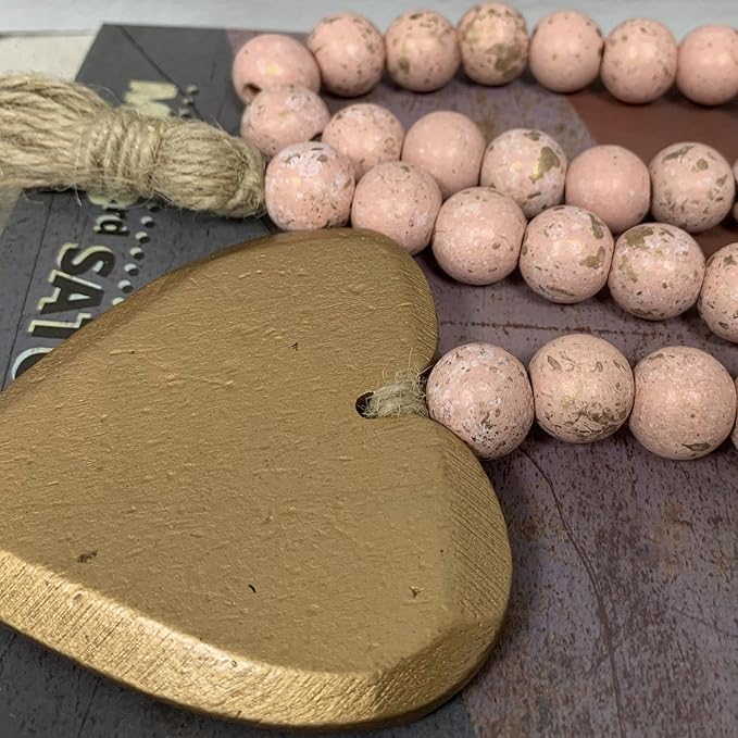 Fenisam 40" Handmade Farmhouse Bead Garland Wood with Tassel, Boho Chic Decorative String Beads Home Décor, Table Tiered Tray Country Wooden Accents (Rose Dawn Gold, Small)