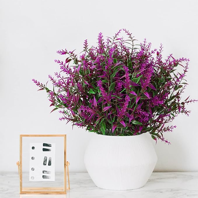 8 Pack Artificial Plants Flowers Grass Shrubs Lavender No Fade Faux Plastic Flowers Outdoor for Farmhouse Garden Porch Patio Indoor Wedding Decoration Greenery Fake Plants uv Resistant