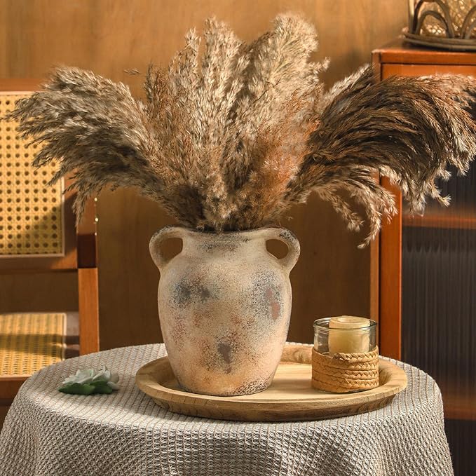 Enra Rustic Farmhouse Vase with Handle,7.8 Inch Pottery Decorative Flower Vase for Home Decor,Large Vintage Terracotta Vase for Table, Living Room, Bathroom Decoration, Shelf Decor, Mantel