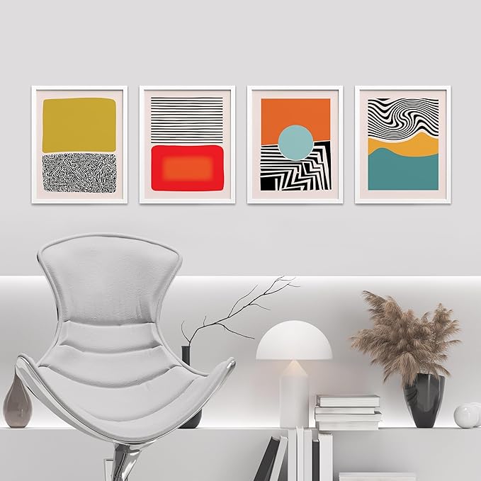SIGNWIN Framed Mid-Century Modern 1980s Geometric Wall Art, Set of 4 Color Blocks Wall Decor Prints, Nature Wilderness Wall Décor for Living Room, Bedroom - 11"x14"White