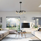 9-Light Black Modern Chandeliers for Dining Room, Adjustable Height Farmhouse Kitchen Island Lighting, Industrial Hanging Light Fixtures for Living Room Bedroom, Clear Glass Shade