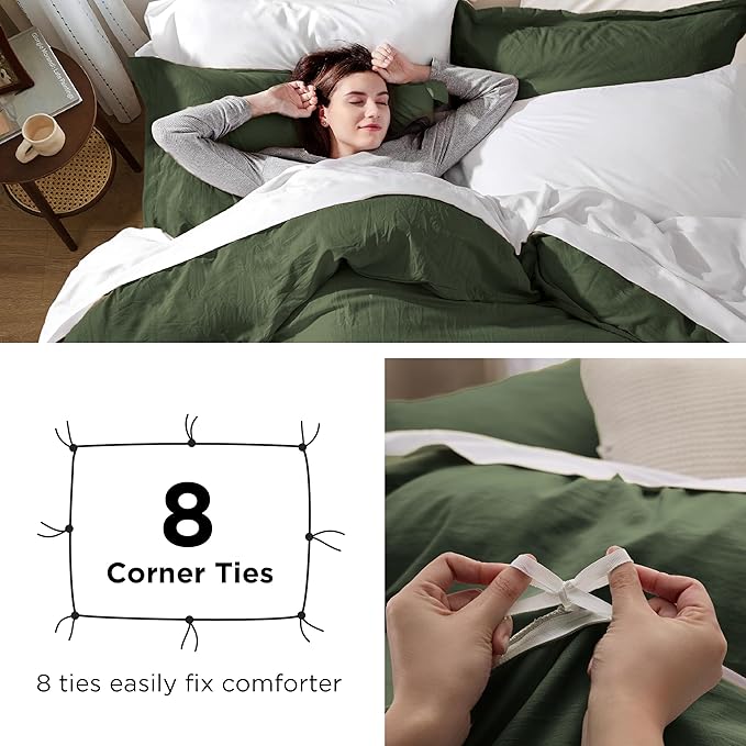 Bedsure Olive Green Duvet Cover Queen Size - 3 Pieces Prewashed Cotton-Like Extra Soft Bedding Set, Includes 1 Duvet Cover 90x90 Inches with Zipper Closure & 2 Pillow Shams, Comforter Not Included