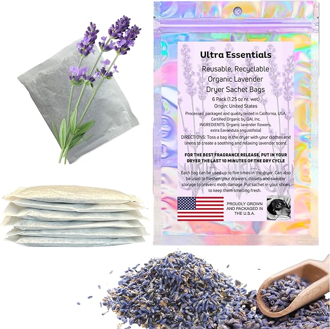 Lavender Sachet for Dryer, Naturally Scented Luggage Sachets, Closet & Drawer Fragrance, Freshens Laundry, Shoes, Gym Bags, Cars & Sweater Storage w/Premium Extra Flowers, Grown in USA (6 Pack)