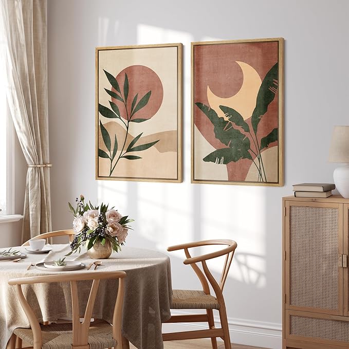 SIGNFORD Framed Canvas Print Wall Art Set Sun & Moon Mid-Century Desert Plants Abstract Shapes Illustration Modern Art Decorative Nordic Nature for Living Room, Bedroom, Office - 16"x24"x2 Natural