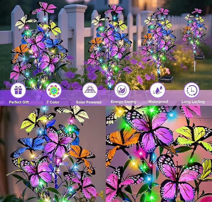 Solar Garden Lights Outdoor Waterproof Garden Decor, 4 Pack Upgraded 240 LED 54 Butterfly Colorful Outdoor Solar Decor for Yard Patio Gifts for Womens Mom (4 Pack Butterfly)