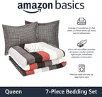 Amazon Basics Full/Queen Comforter Set with Plaid, Striped Sheets, 7-Piece Red Simple Stripe Bedding, Lightweight Microfiber Bed-in-a-Bag