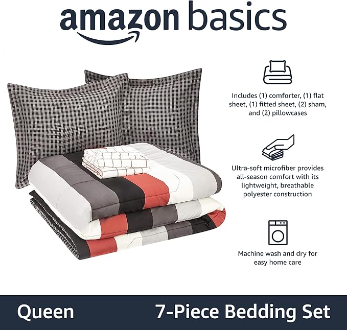 Amazon Basics Full/Queen Comforter Set with Plaid, Striped Sheets, 7-Piece Red Simple Stripe Bedding, Lightweight Microfiber Bed-in-a-Bag