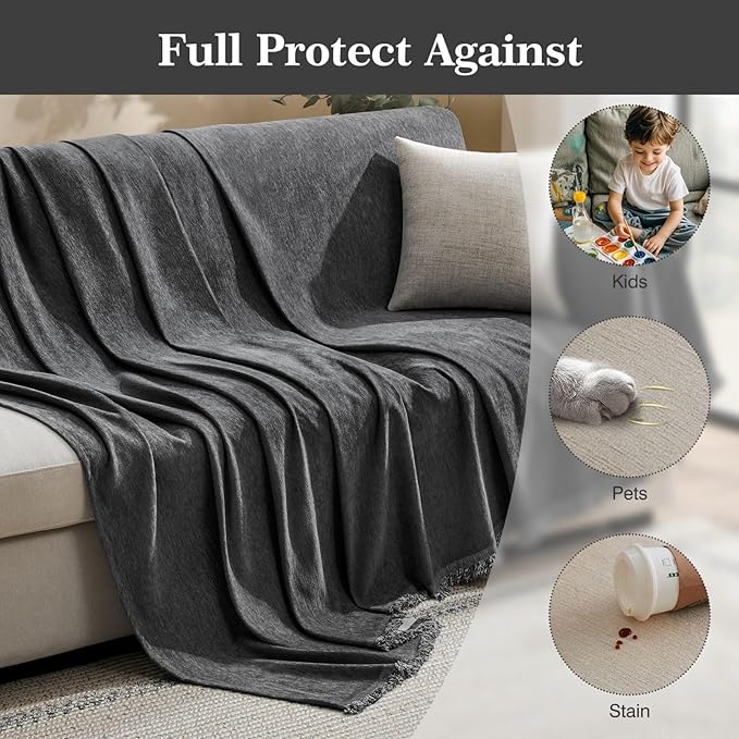 Couch Cover for Dogs Sectional Sofa Covers Washable for 3 Cushion Couch, Chenille Couch Cover Blanket, Sectional Sofa Slipcovers, Multi-Use Furniture Protector for Kids, Pets, 71" X150", Dark Grey