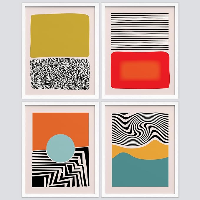 SIGNWIN Framed Mid-Century Modern 1980s Geometric Wall Art, Set of 4 Color Blocks Wall Decor Prints, Nature Wilderness Wall Décor for Living Room, Bedroom - 8"x10" White