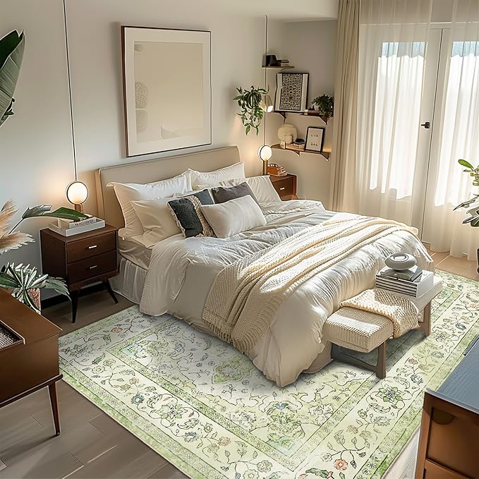 Topllen Washable Area Rug - Area Rug 6'x9' Boho Soft Living Room Rug, Non-Slip Large Area Rugs Indoor for Dining Room Livingroom Bedroom, Vintage Rug (Green, 6x9ft)
