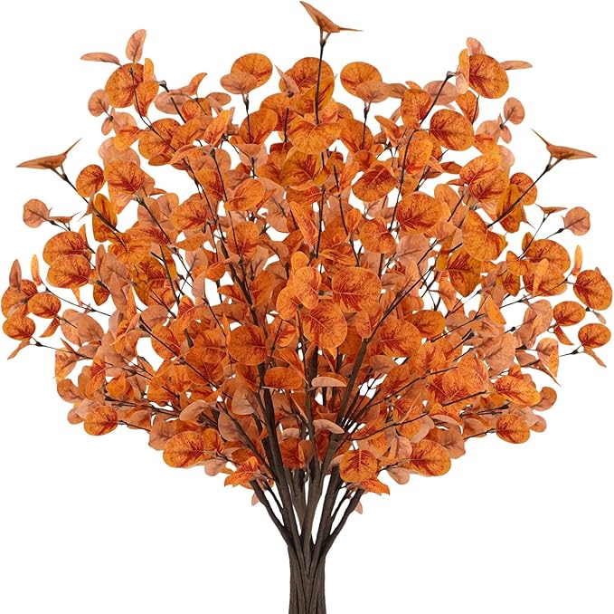 12pcs Artificial Fall Eucalyptus Leaves Stems Fall Decorations Silk Fake Eucalyptus Branches Fall Leaves for Vase Boquets Autumn Home Wedding Table Thanksgiving Decor Orange