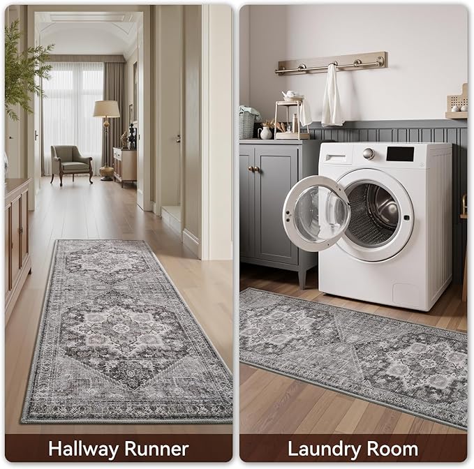 Runner 2x8 Runners for Hallways Runner-Rugs for Bedroom Soft Kitchen Machine Washable Vintage Oriental Floral Medallion Laundry Rug Non Slip Grey