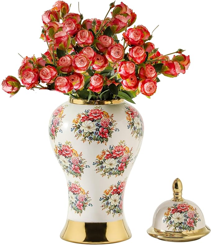 Ginger Jars for Home Decor, White Gold Ceramic Vase with Colorful Floral Pattern, Handmade Decorative Flower Vase with Lid for Home, Kitchen, Office, Table, Bookshelf, Mantle Fireplace,(12in)