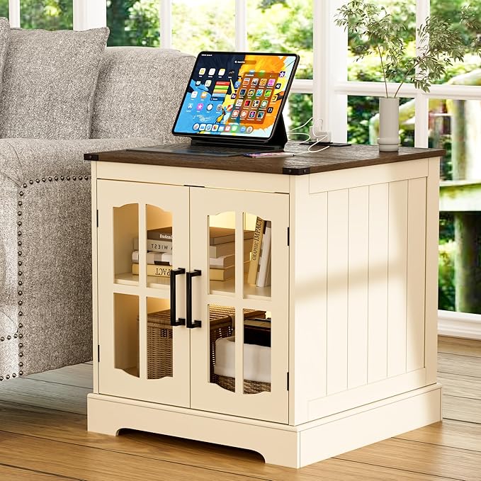 ChooChoo Farmhouse End Table, 24" Large Sofa Side Table with Charging Station & LED Light, Nightstand with Adjustable Storage Shelf, Square Bedside Table for Living Room Beige (Cream Mix with White)